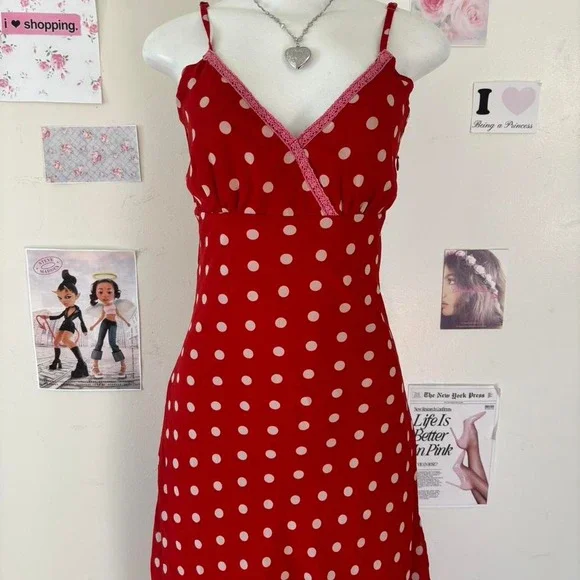 Vera Moda 90s Red Polka Dot Lace Trim Midi Slip Dress Small - Picture 3 of 7